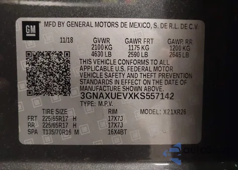 2019 Chevrolet Equinox Lt из США, поврежденный, VIN 3GNAXUEVXKS557142